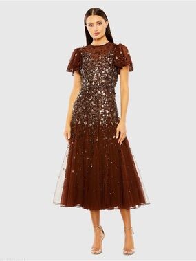 Mac Duggal Beaded Sequin High Neck Flutter Sleeve Midi Dress Brown NWT Size 16
